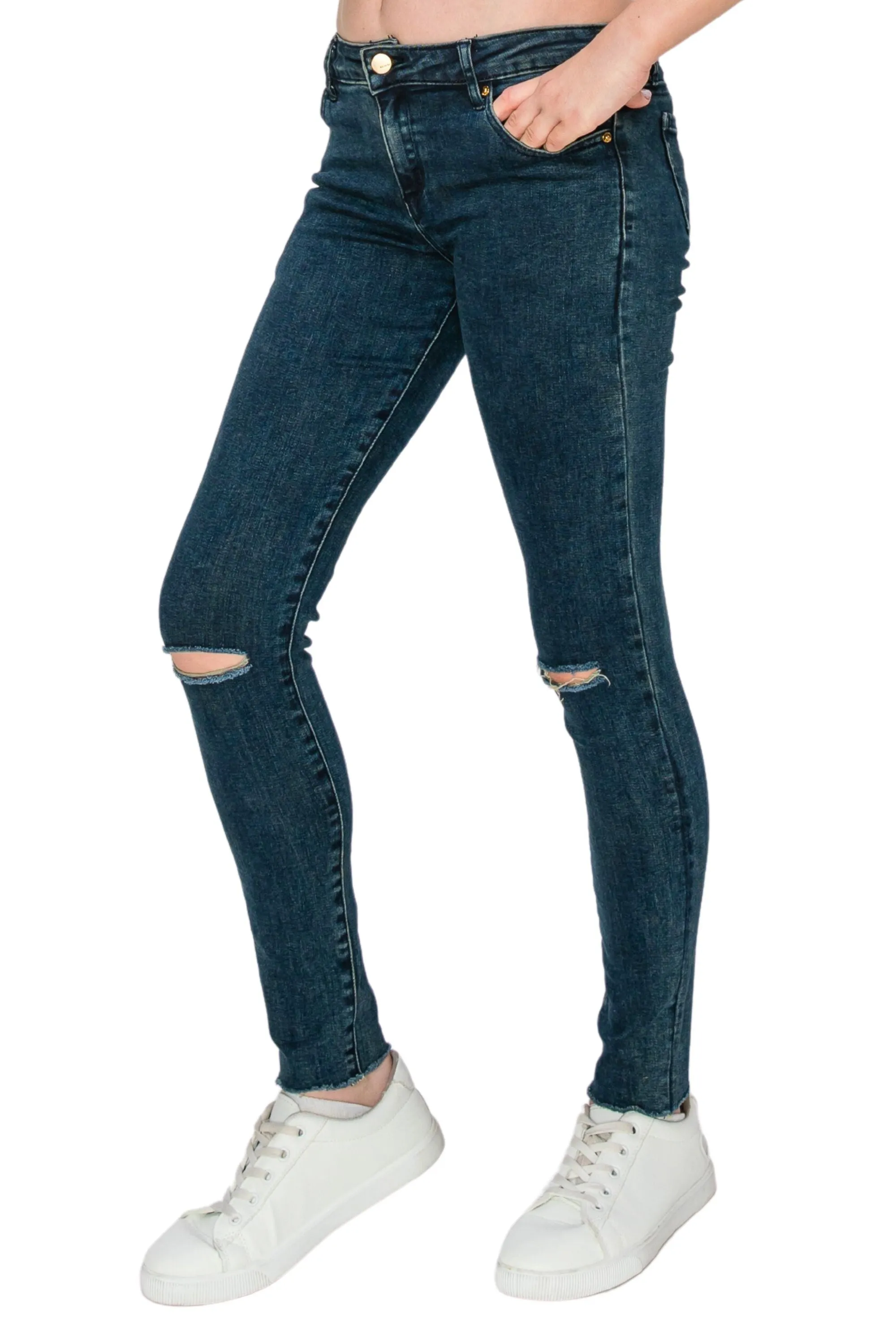 Diane - Basic Destructed Mid Rise Skinny With Fray Hem In Dark Indigo