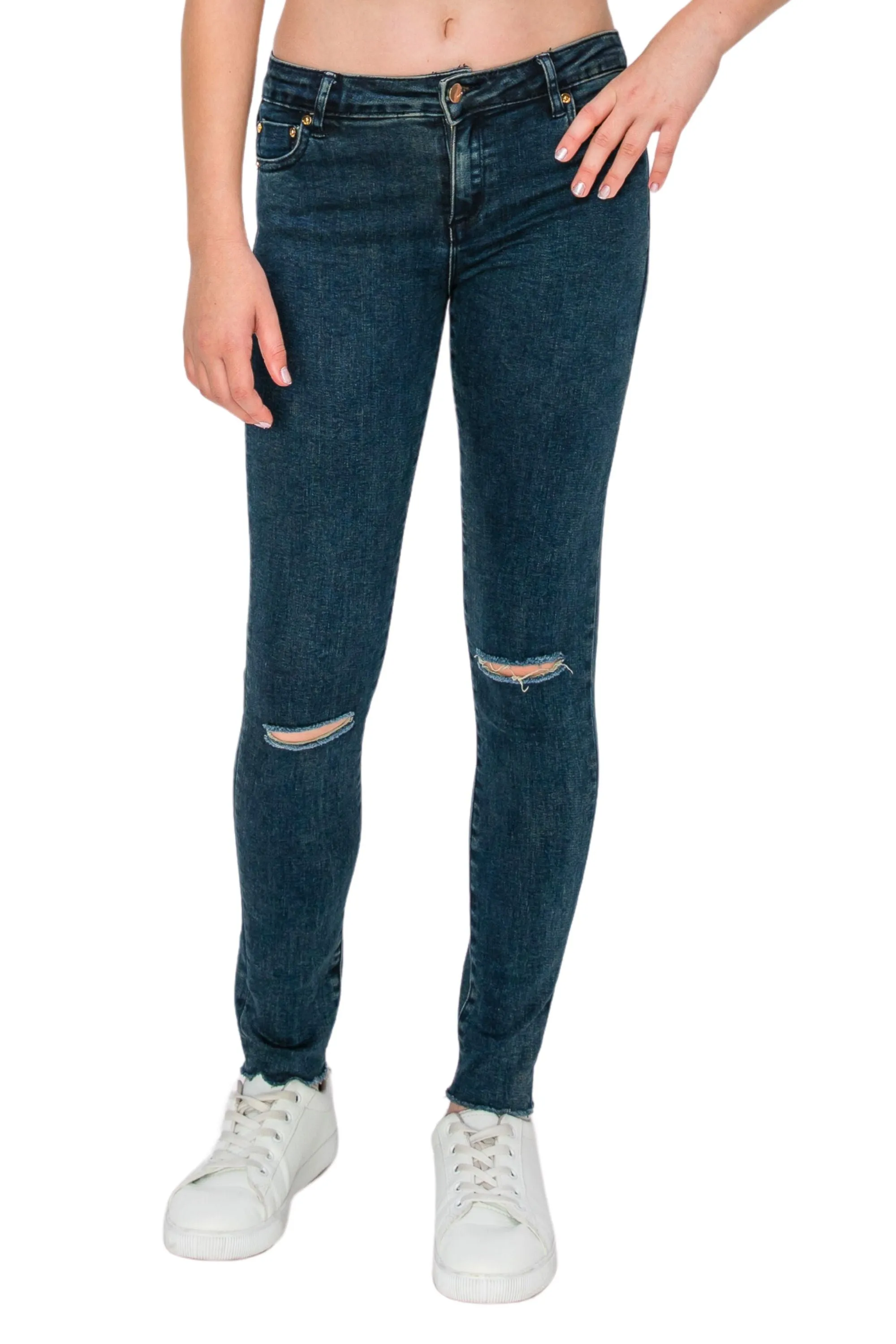 Diane - Basic Destructed Mid Rise Skinny With Fray Hem In Dark Indigo