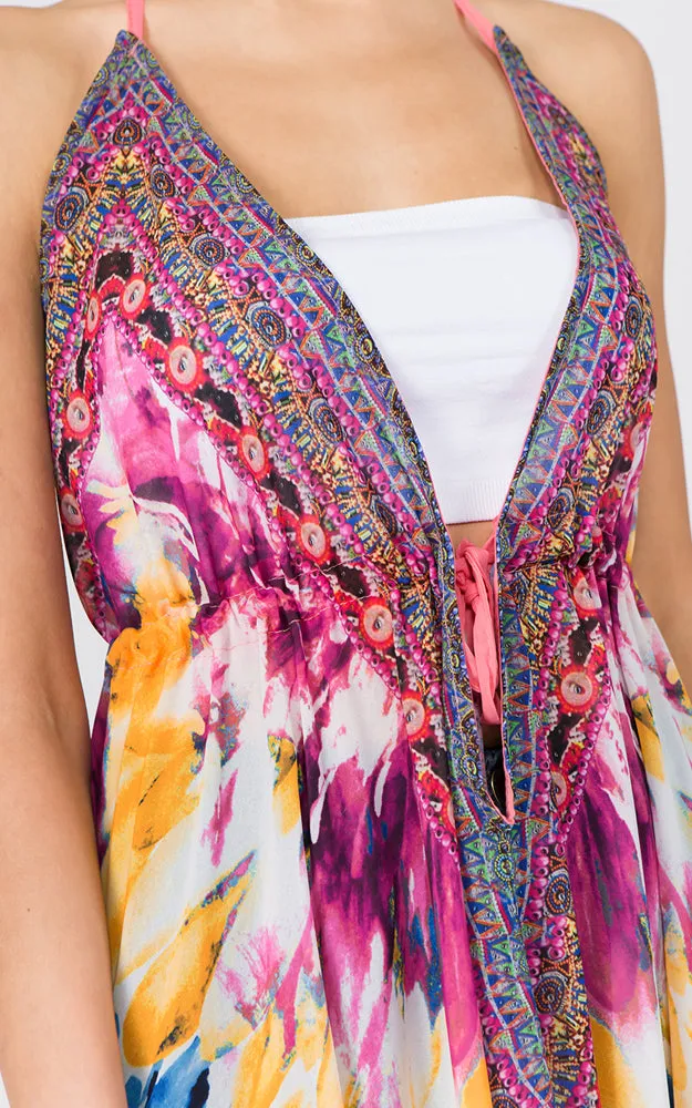 DP1C14 Spring Summer Printed Front Tie Long Vest