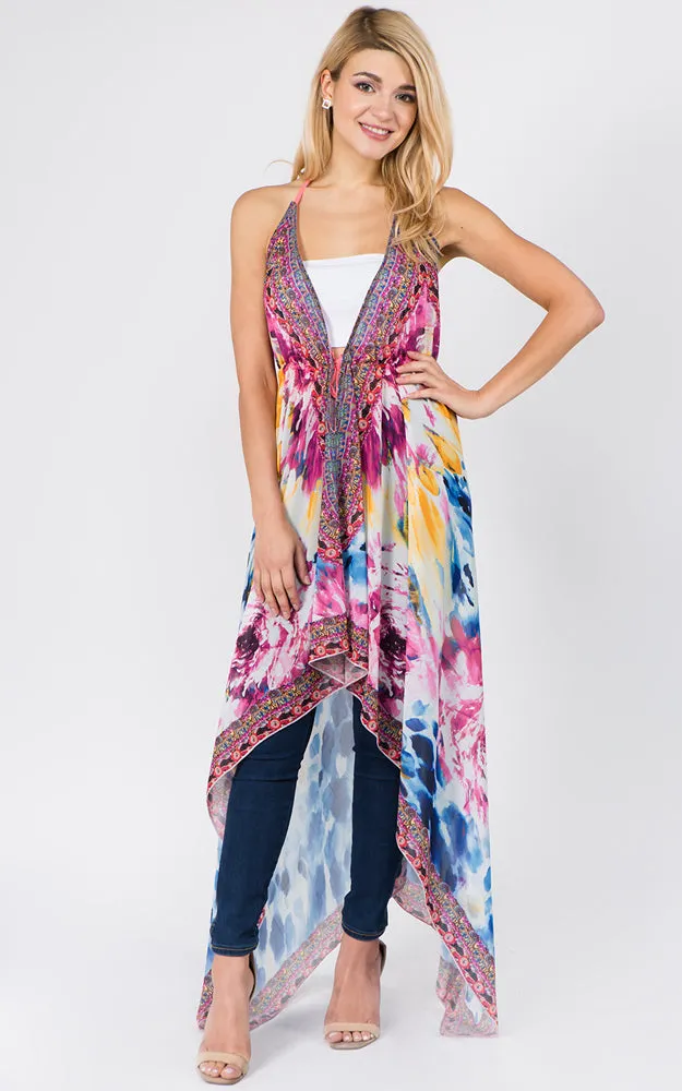 DP1C14 Spring Summer Printed Front Tie Long Vest