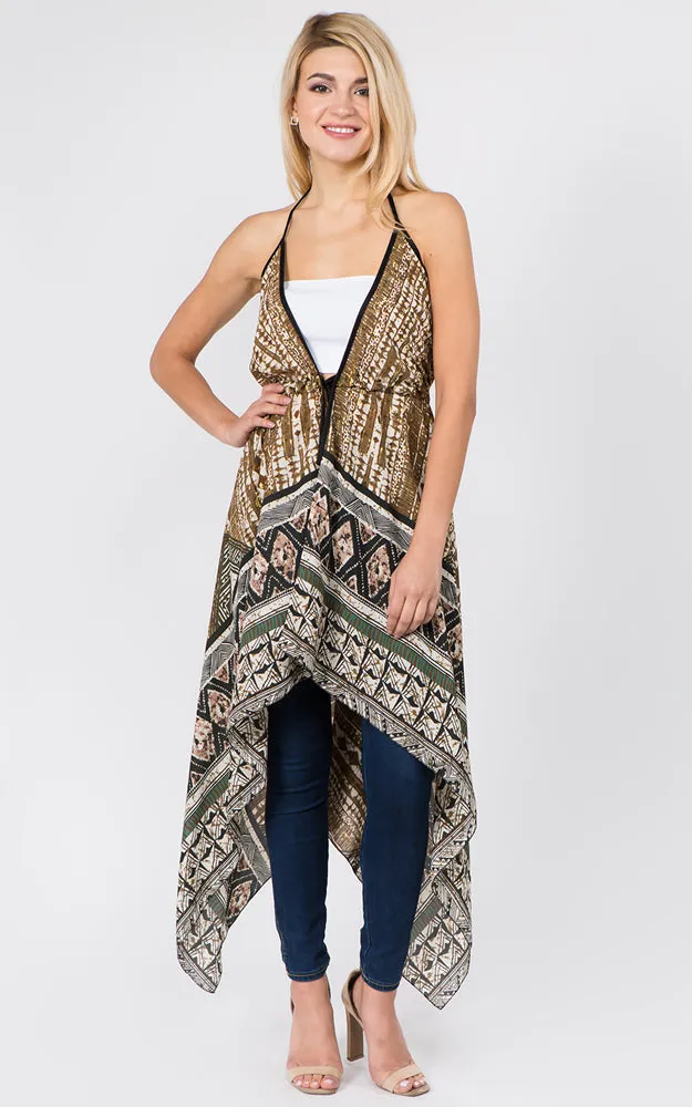 DP1C14 Spring Summer Printed Front Tie Long Vest