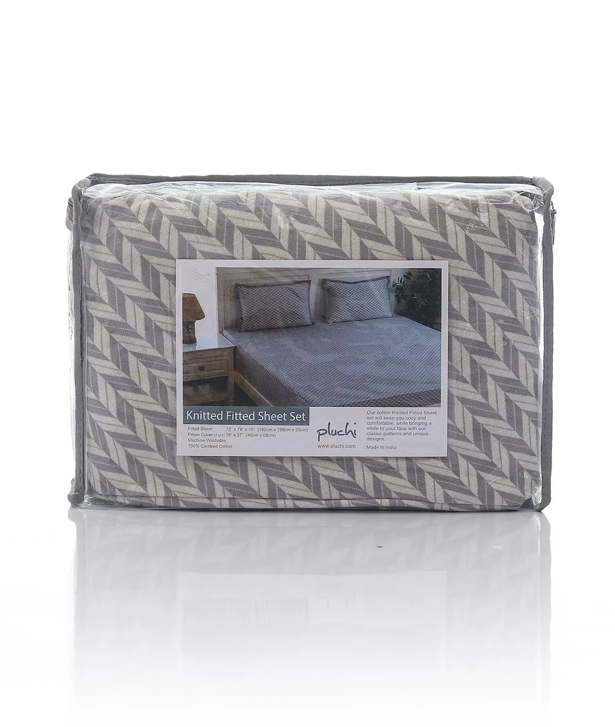 Eleanor Cotton Knitted King Size Double Bed Fitted Sheet With 2 Pillow Covers Set (Light Grey & Natural)