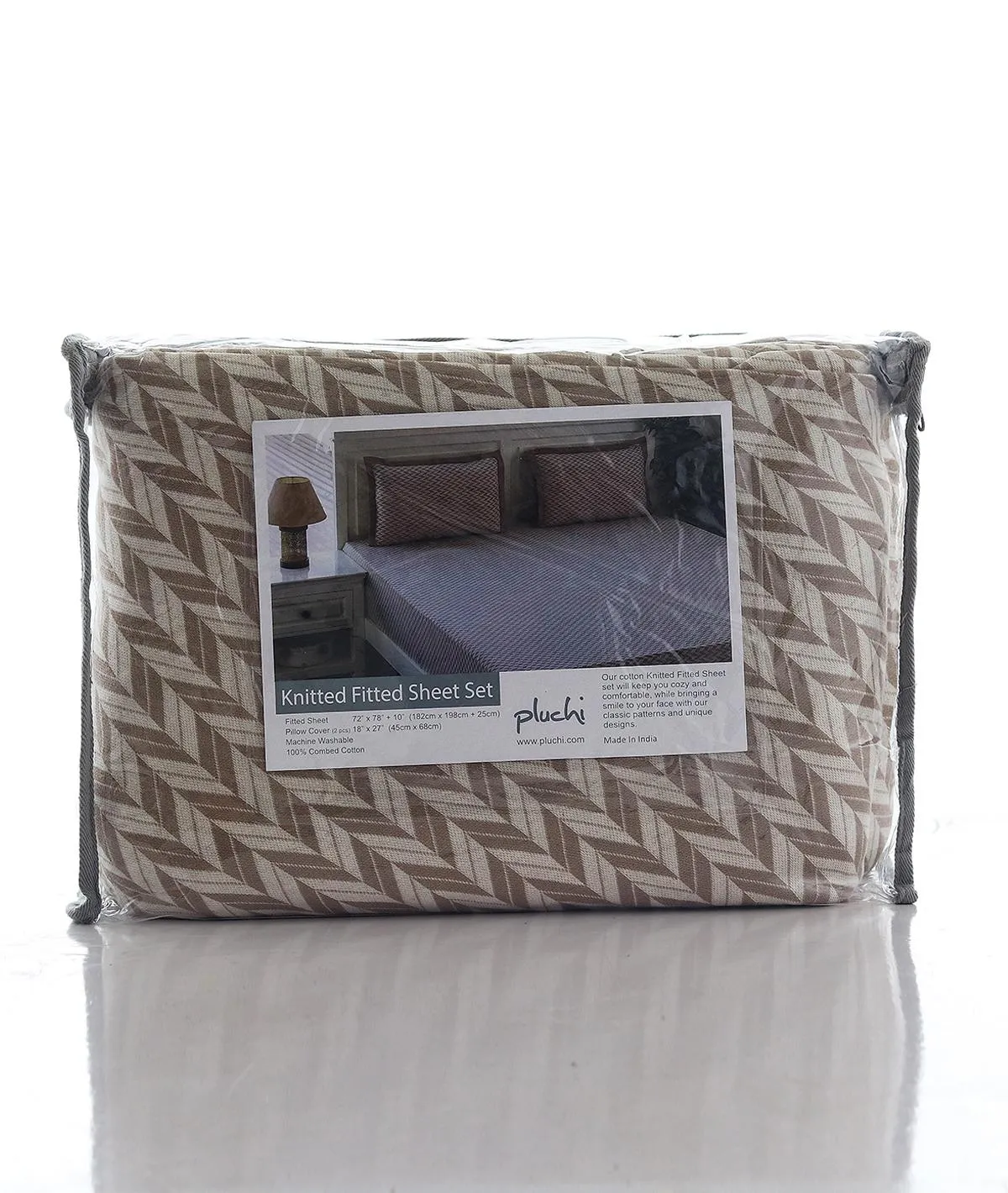 Eleanor Cotton Knitted King Size Double Bed Fitted Sheet With 2 Pillow Covers Set (Stone & Natural)