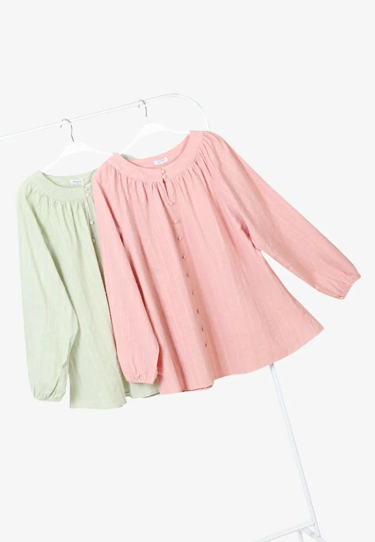 Emsley Mini Pom-Pom Cotton Embroidery Blouse - Light Green