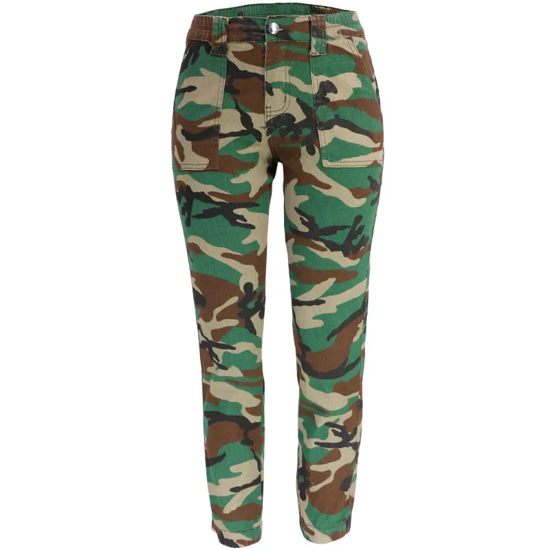 Fashion High Waist Solid Color & Camouflage Denim Calf Pants Wholesale Womens Clothing