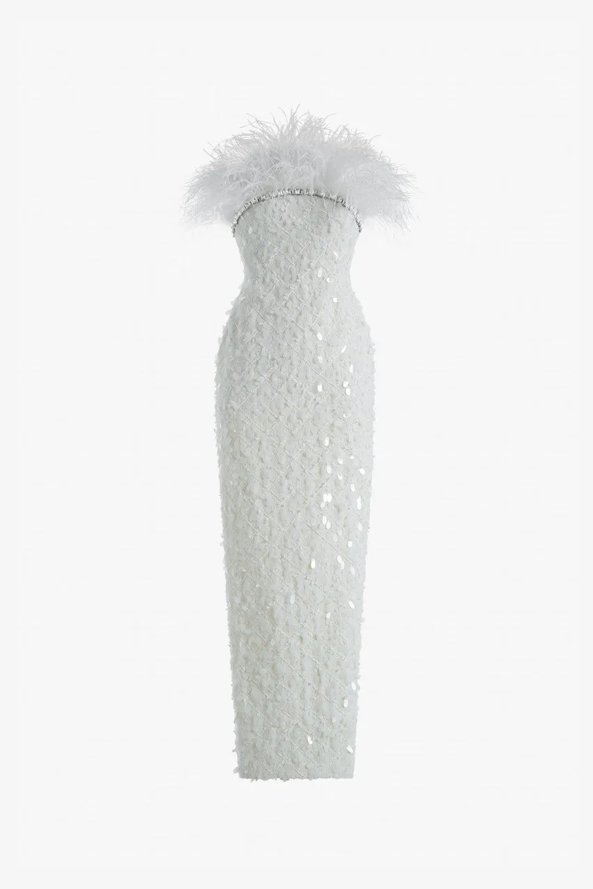 Feather & Crystal Embellished Wool Gown