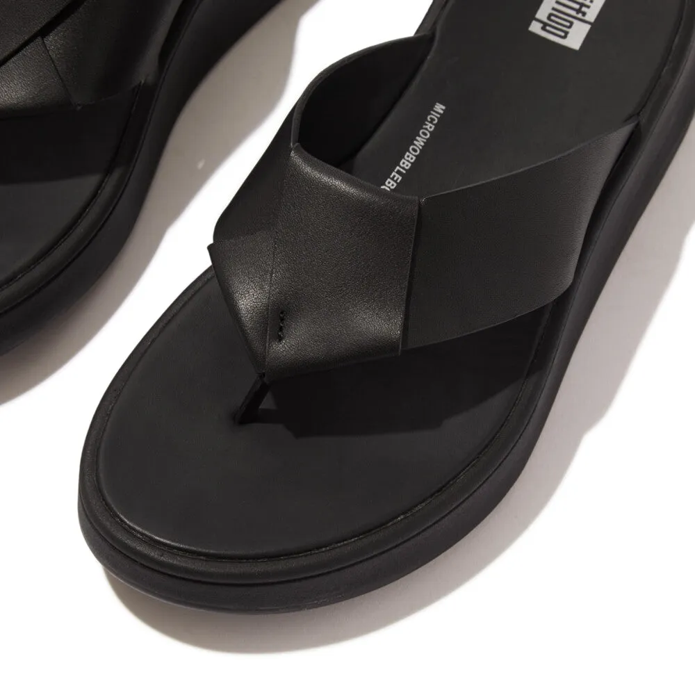 FitFlop F-mode Folded-Leather Flatfrom Toe-Post Sandals Black