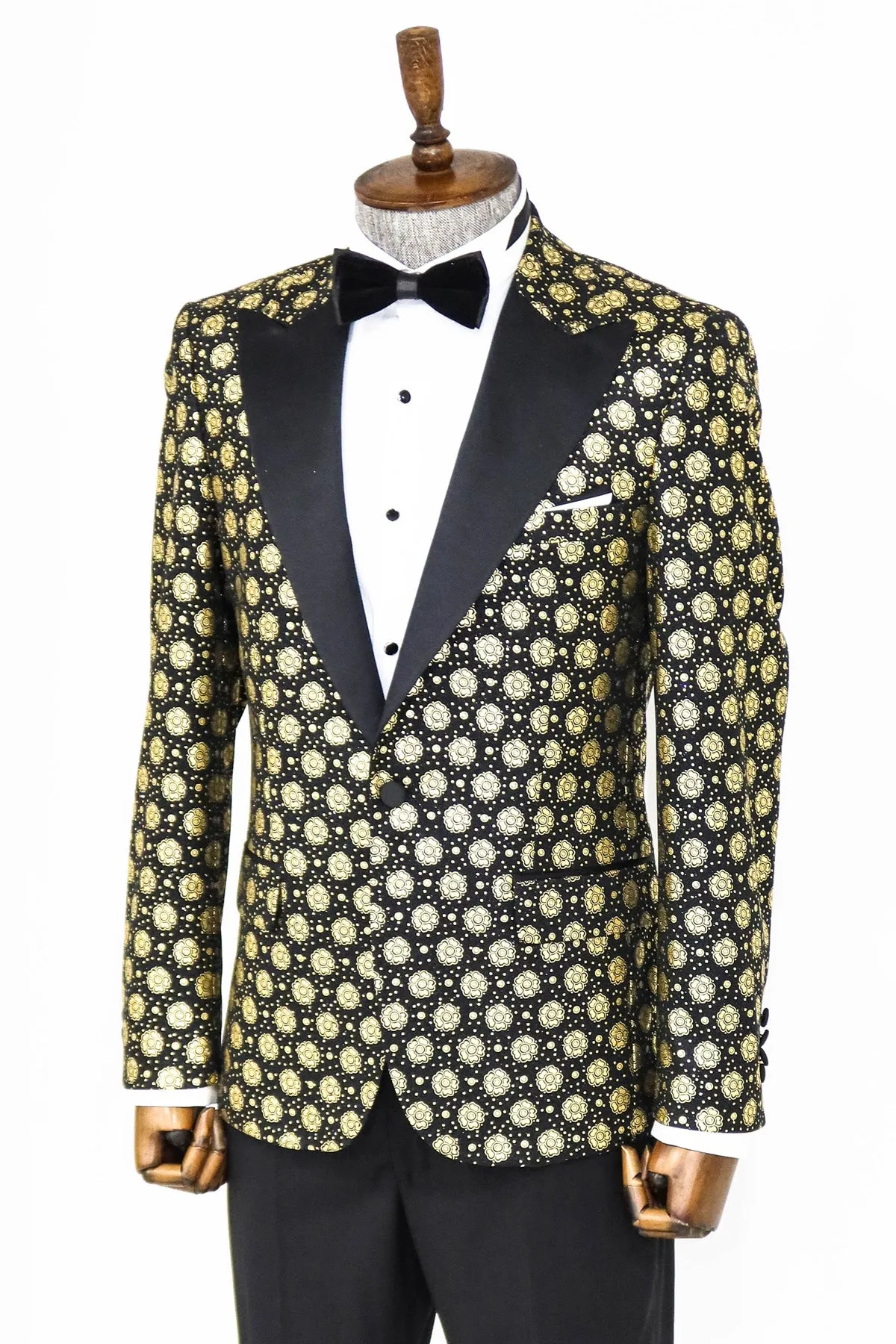 Floral Patterned Peak Lapel  Black with Gold Embellished Dinner Jacket - Wessi