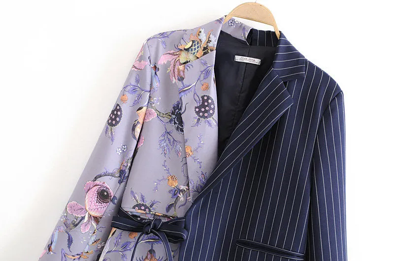 Flower Art Painting Pattern Two Tone Navy Blue Stripe Purple Blazer