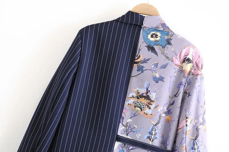 Flower Art Painting Pattern Two Tone Navy Blue Stripe Purple Blazer