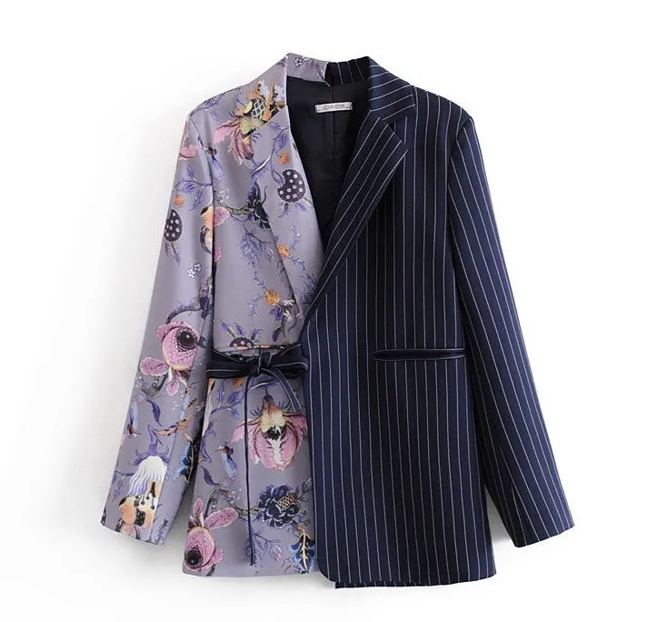 Flower Art Painting Pattern Two Tone Navy Blue Stripe Purple Blazer