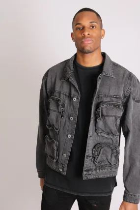 Fort Oversized Utility Pocket Denim Jacket In Washed Grey