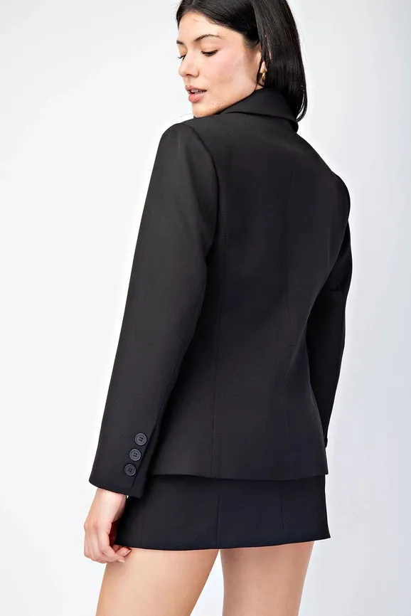 Front Hook & Eye Closed Fitted Woven Tailored Blazer Black