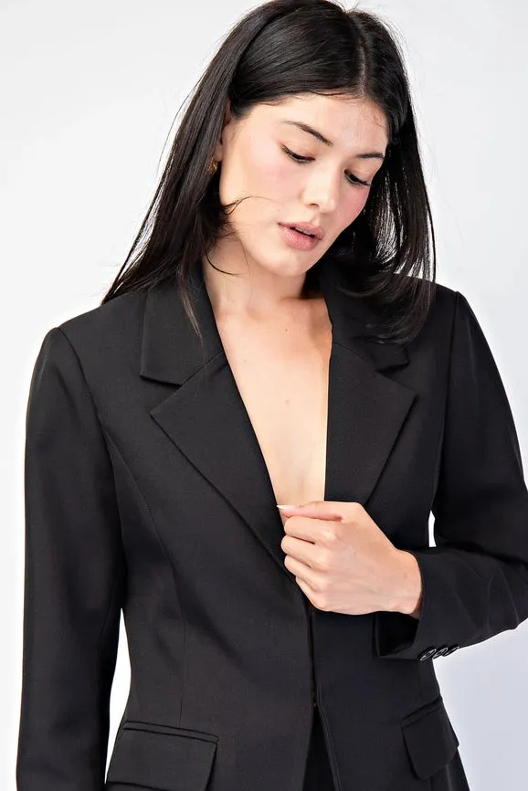 Front Hook & Eye Closed Fitted Woven Tailored Blazer Black