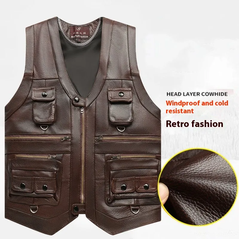 Genuine Leather Vest Man First Layer Cowhide Motorcycle Clothing