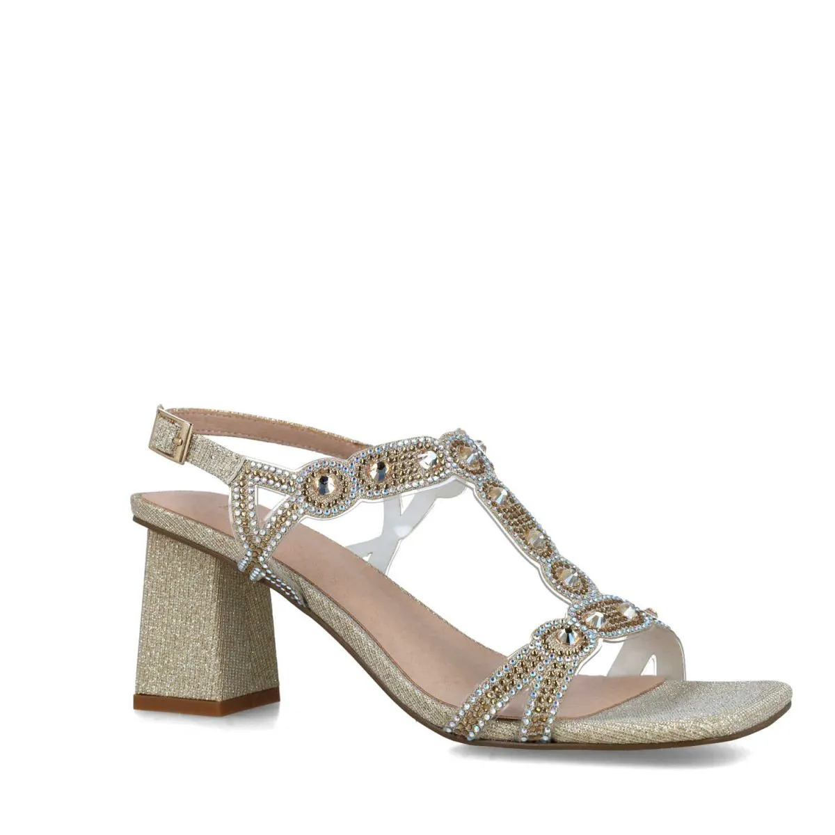 Glittery Square-Toe Gold Block Heel Evening Sandals