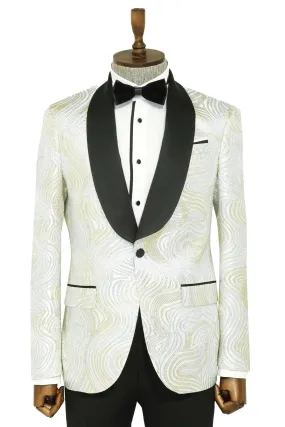 Gold Patterned Over White Men Tuxedo Blazer - Wessi