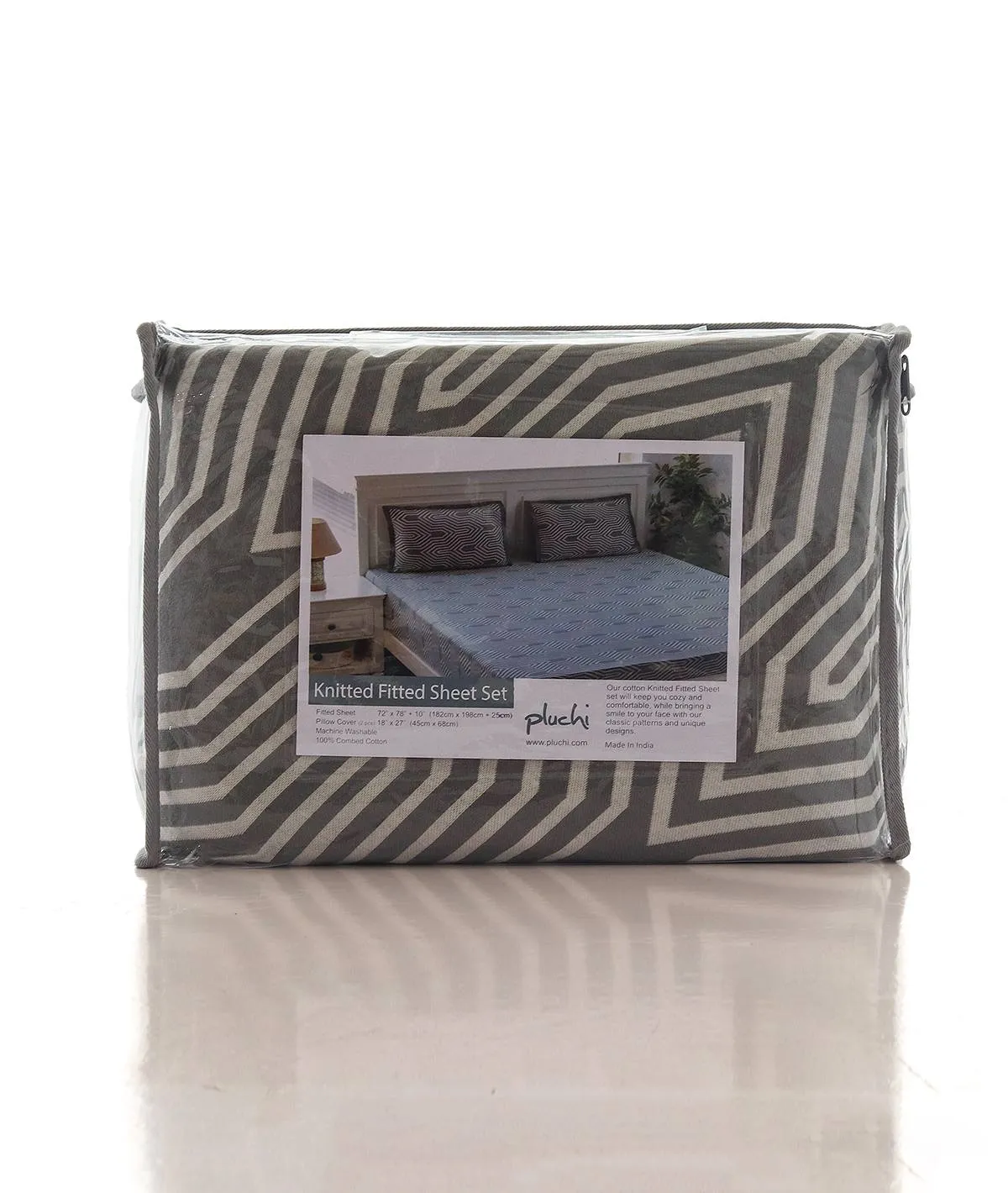 Graham Cotton Knitted King Size Double Bed Fitted Sheet With 2 Pillow Covers Set (Medium Grey & Natural)