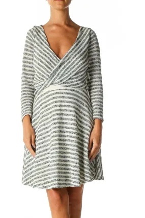 Gray and White Striped Wrap Knit Dress