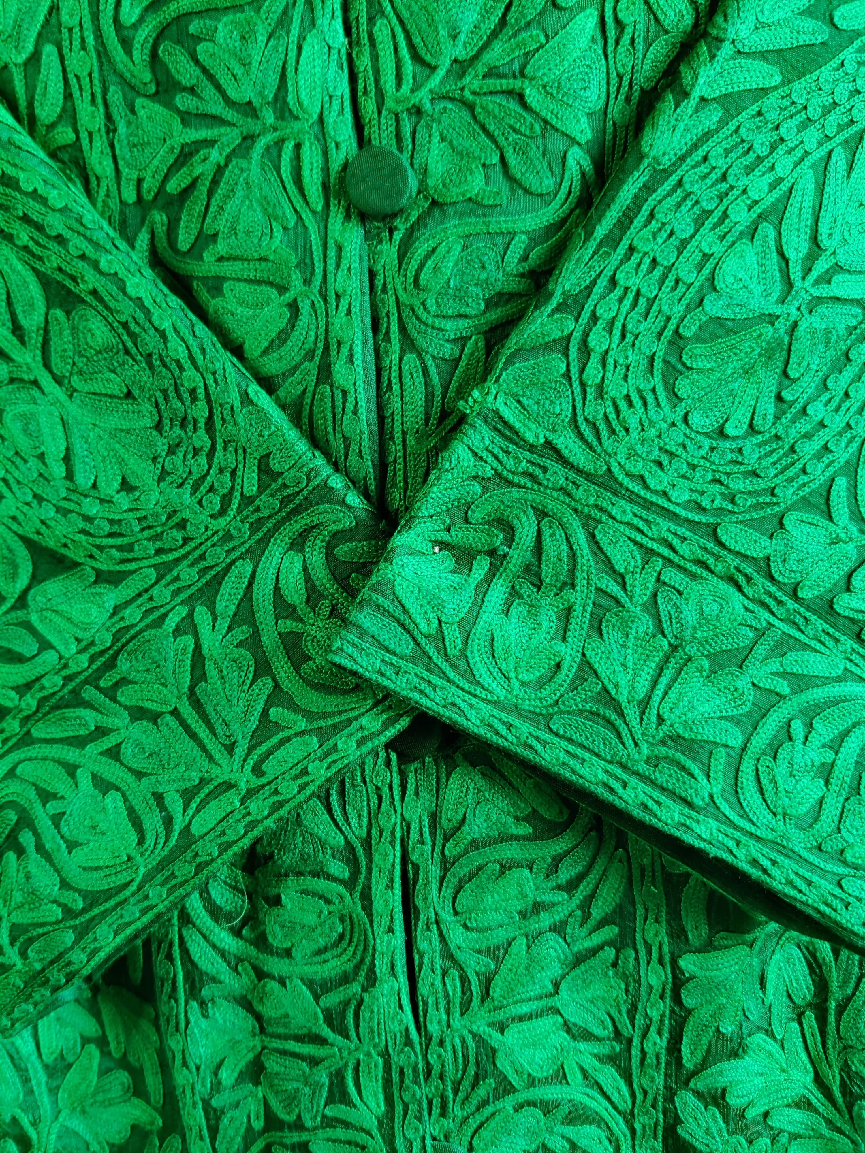 Green Kashmiri jacket with Monochromatic Embroidery