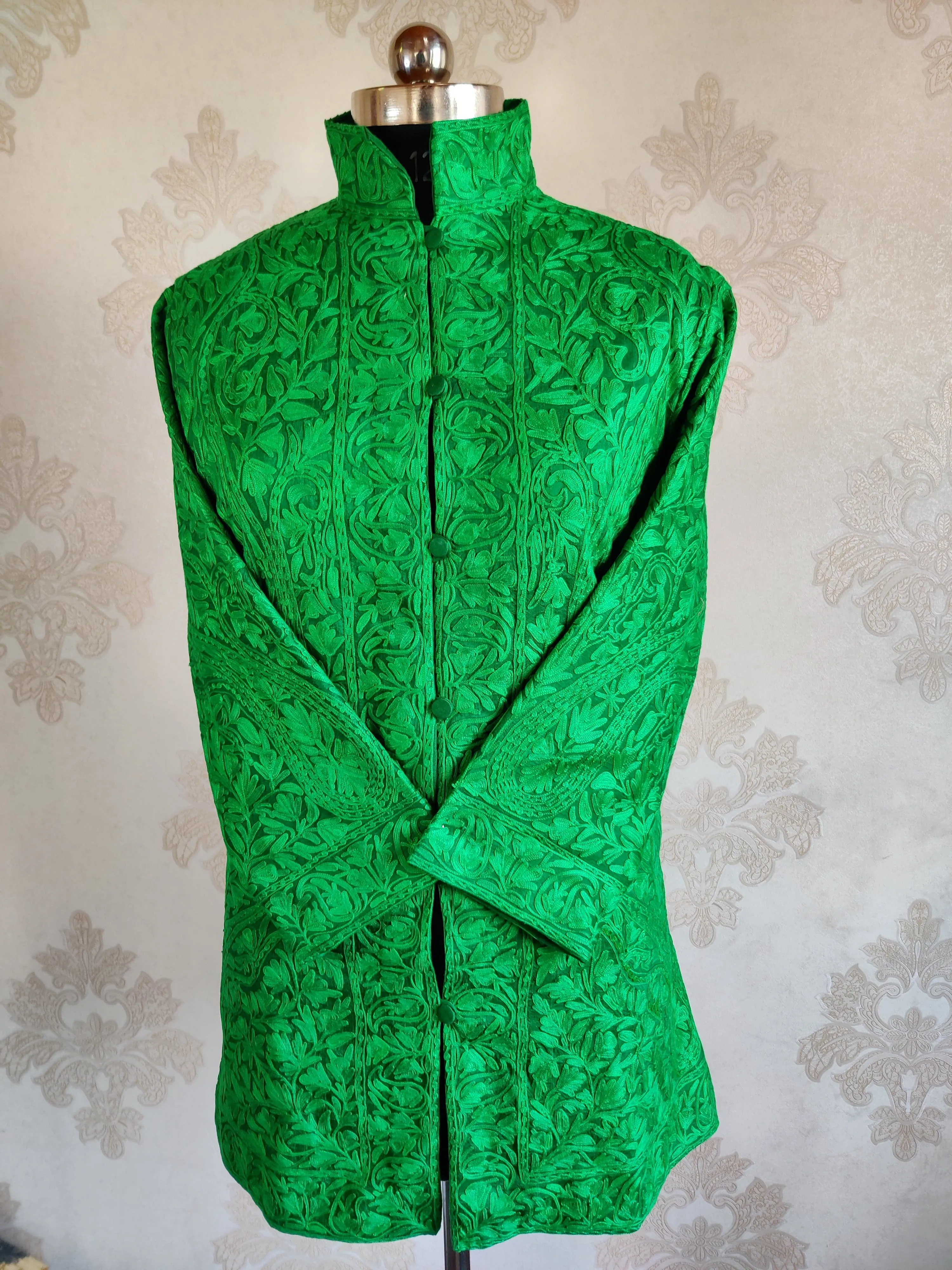 Green Kashmiri jacket with Monochromatic Embroidery