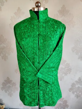 Green Kashmiri jacket with Monochromatic Embroidery