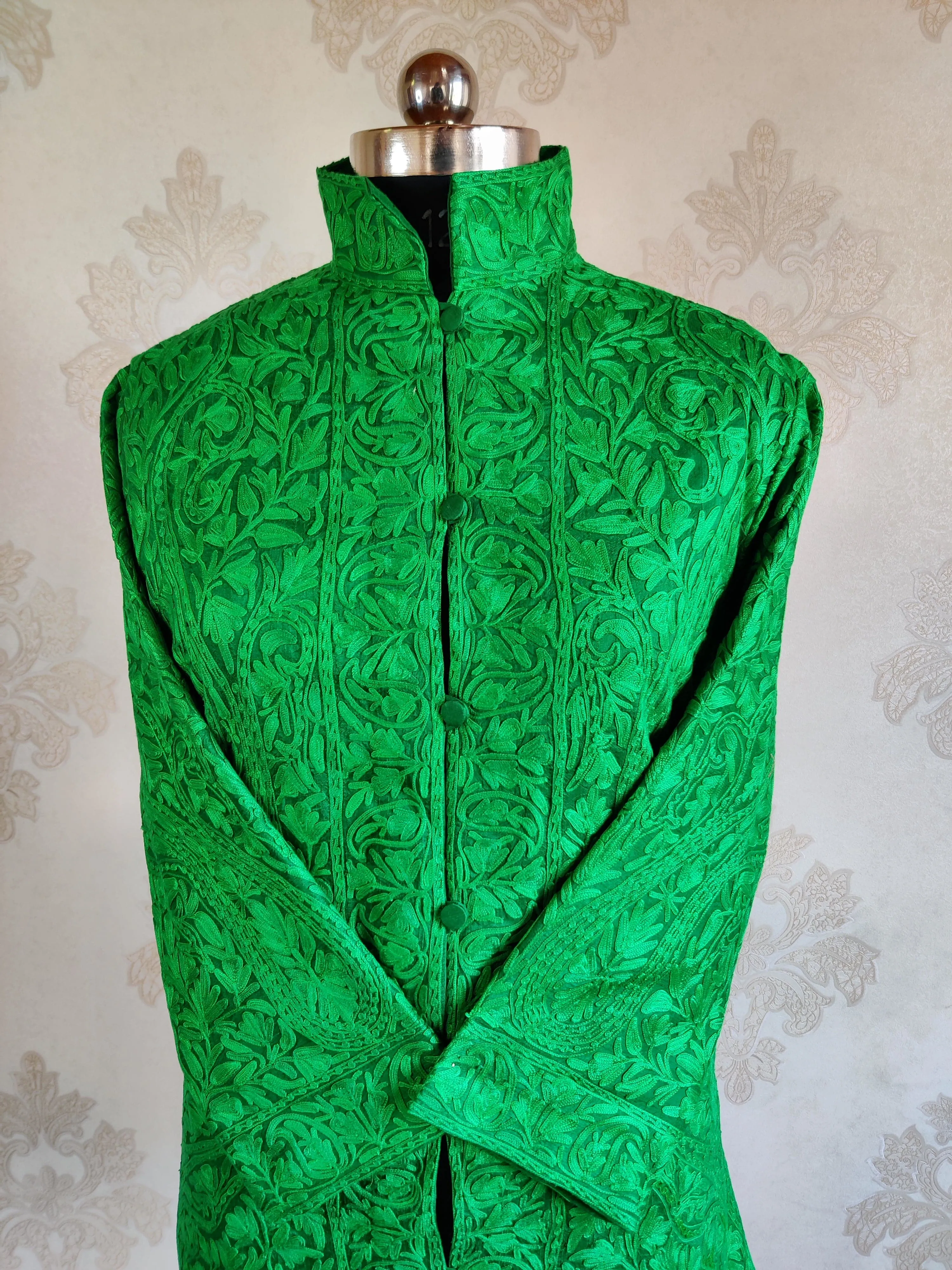 Green Kashmiri jacket with Monochromatic Embroidery