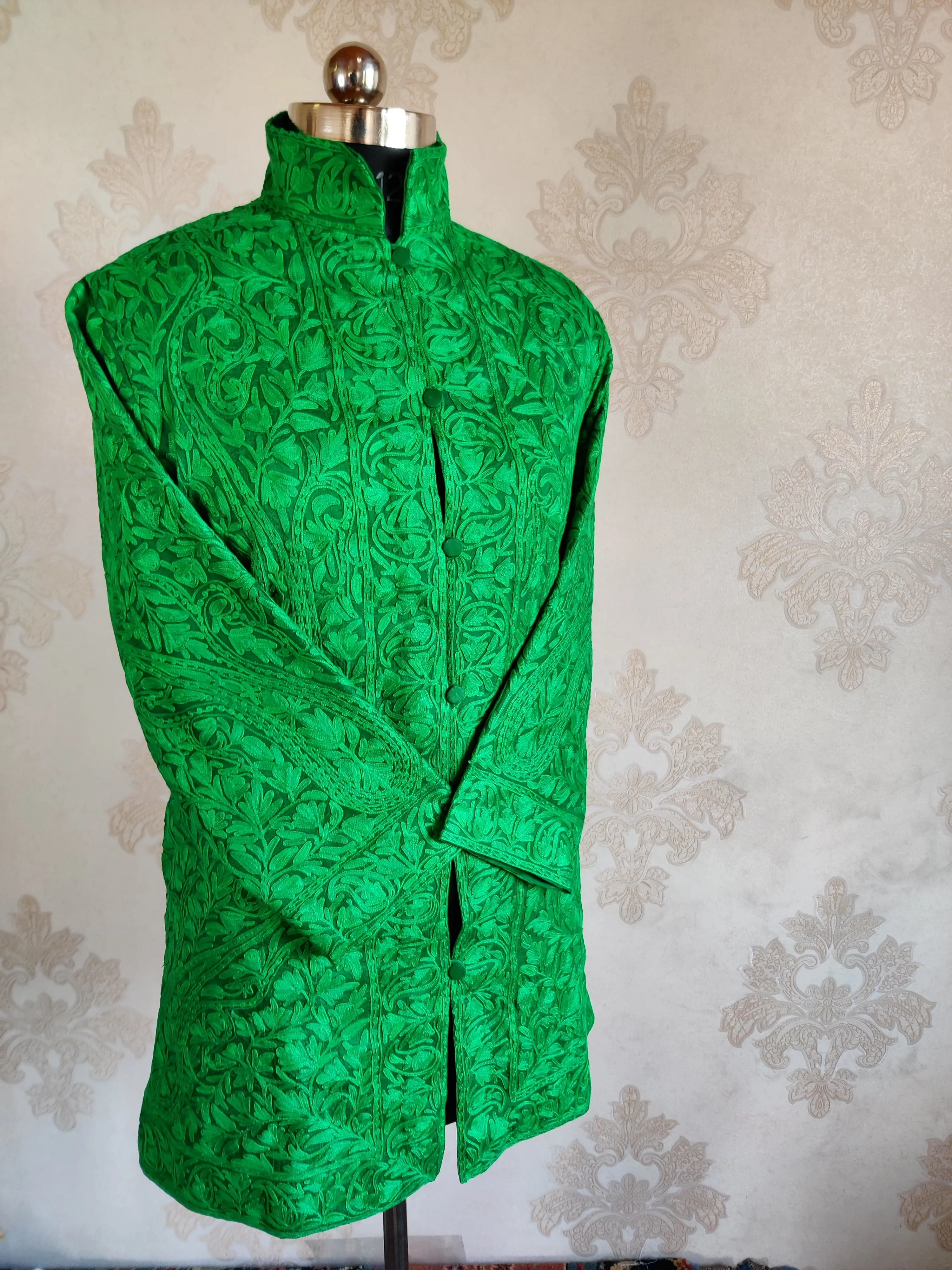 Green Kashmiri jacket with Monochromatic Embroidery