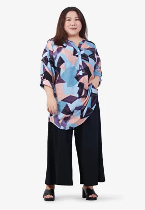 Greta Half Button Collarless Shirt - Blue Mix Shapes