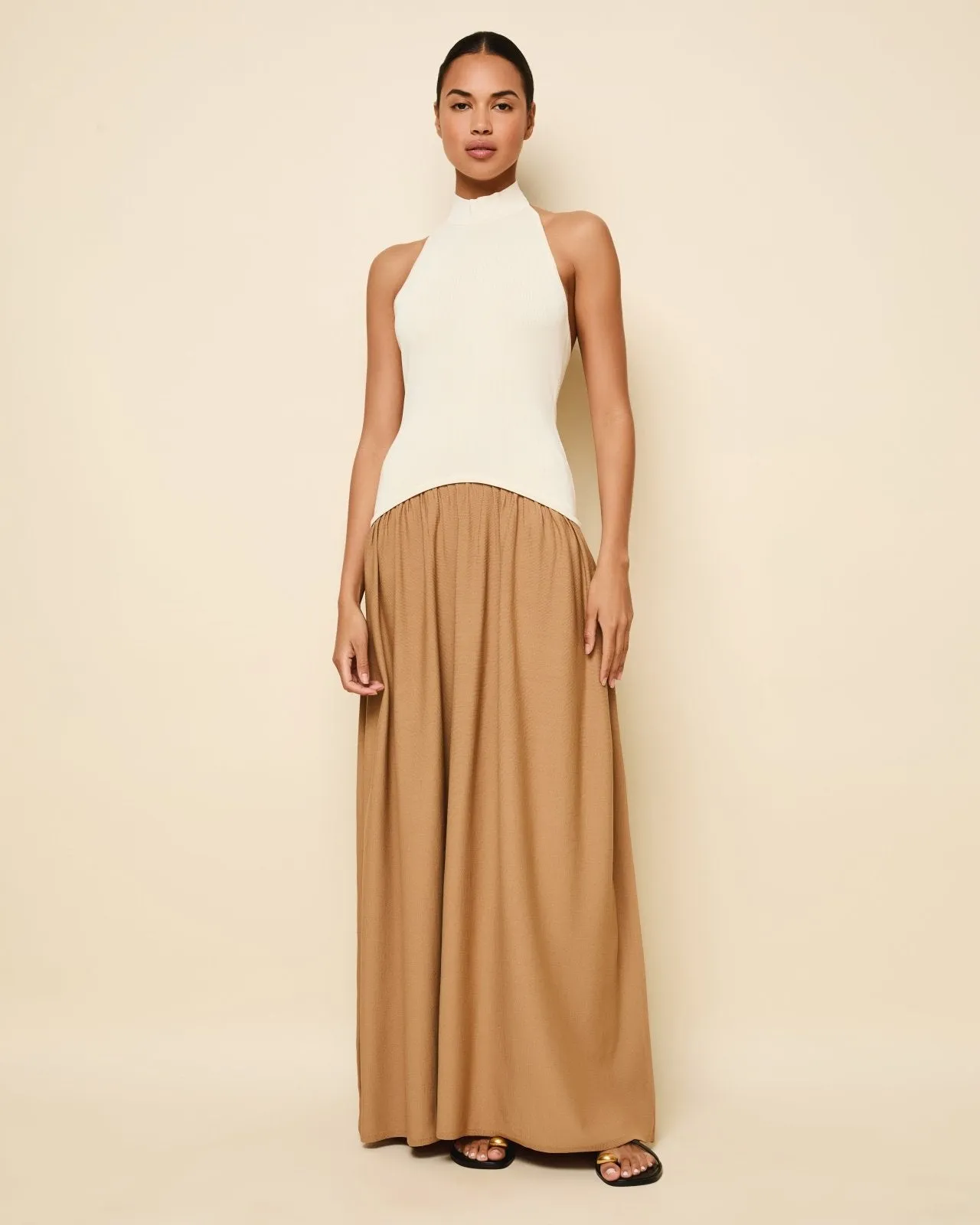 Halter Soglio Dress Ecru Camel