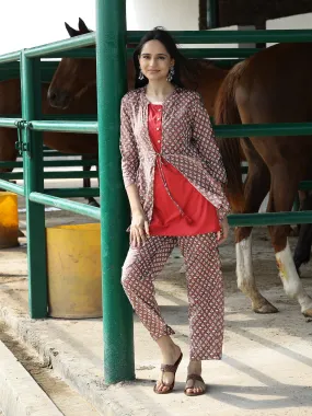 Hand Block Printed Women Cotton Jacket Top Pant Set (Red)