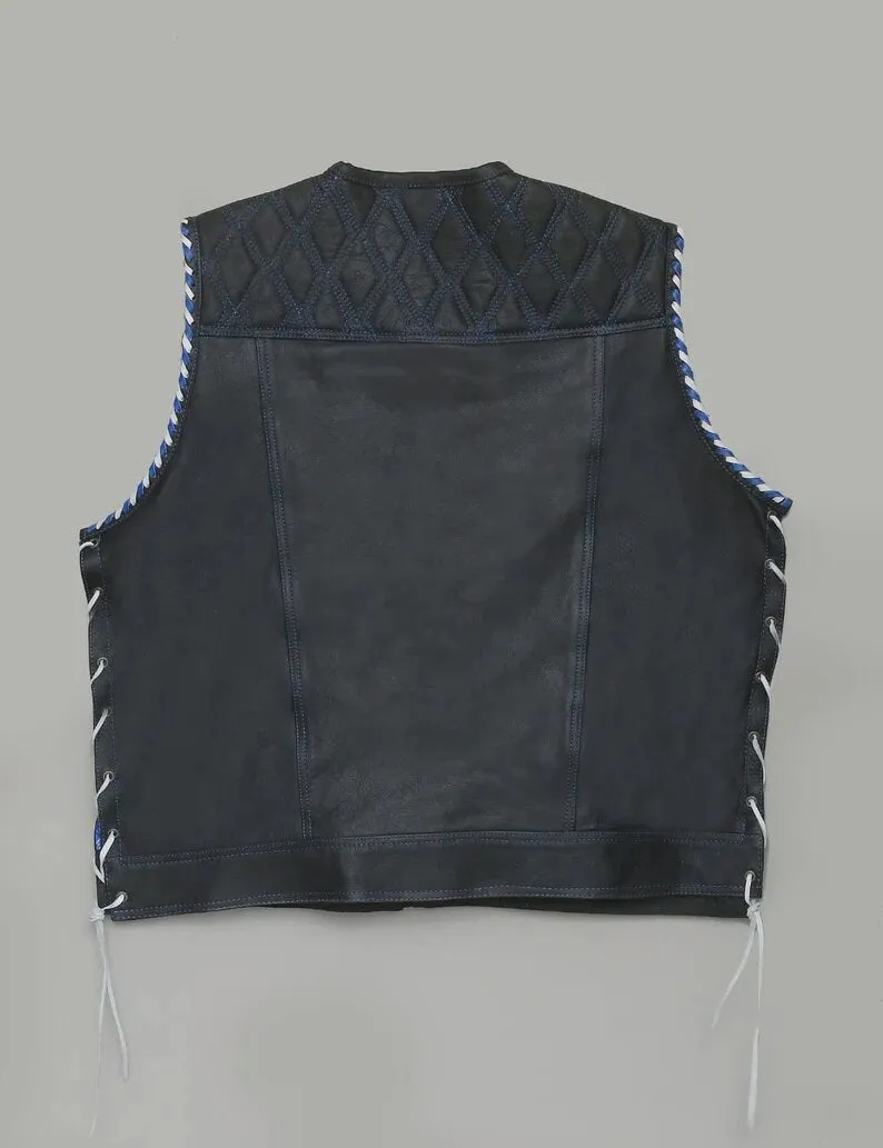 Hand Made Electric Blue Paisley Diamond Quilted Leather Side Lases Biker Rider Motorcycle Vest Men MC