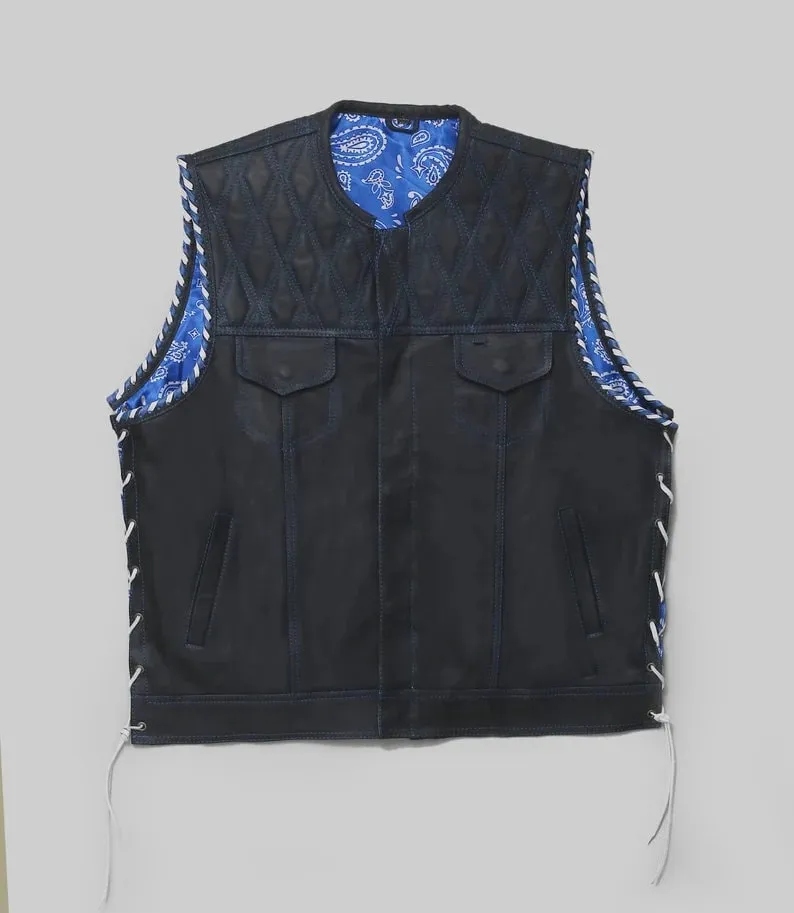 Hand Made Electric Blue Paisley Diamond Quilted Leather Side Lases Biker Rider Motorcycle Vest Men MC