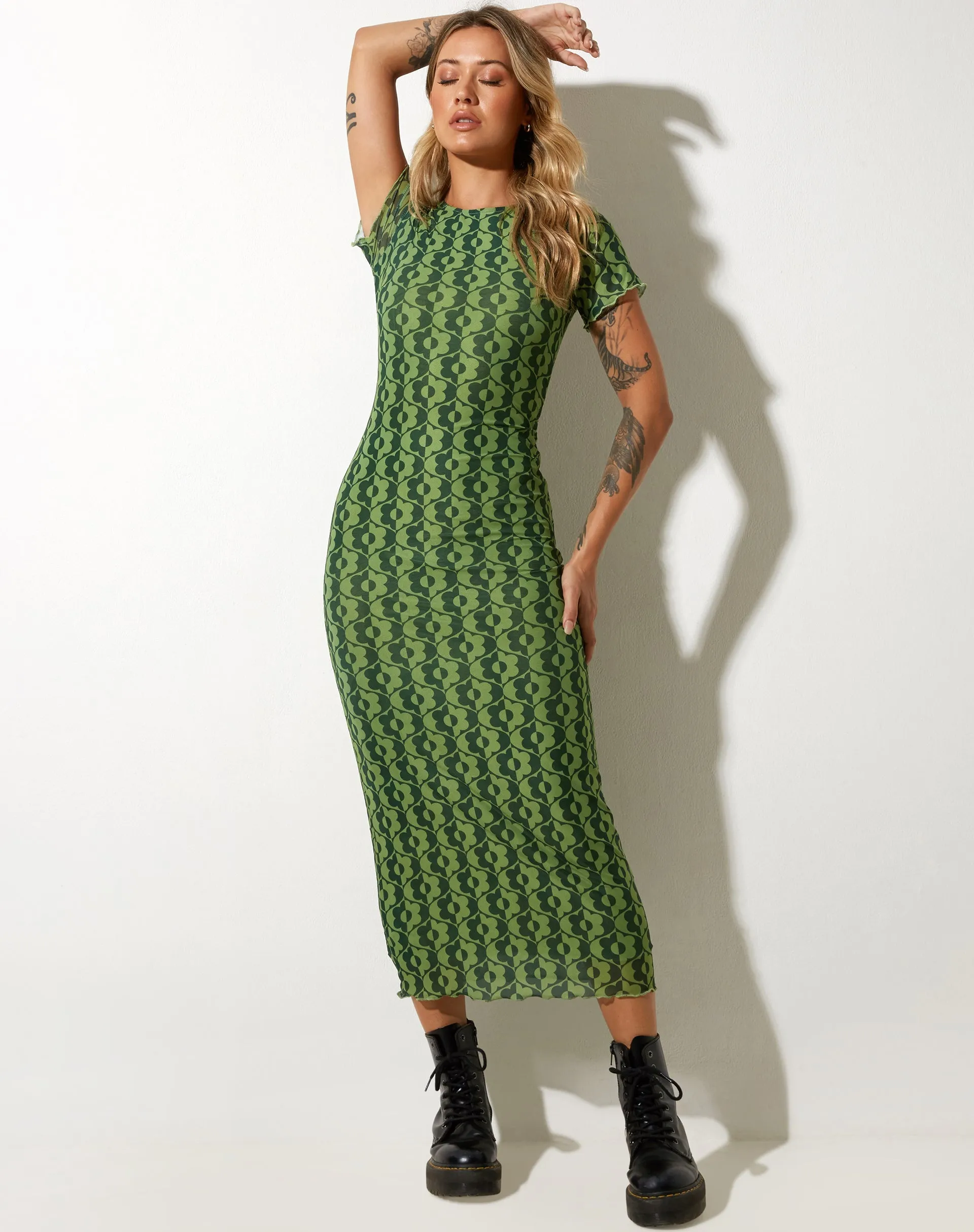 Happyella Midi Dress in Wavy Daisy Green