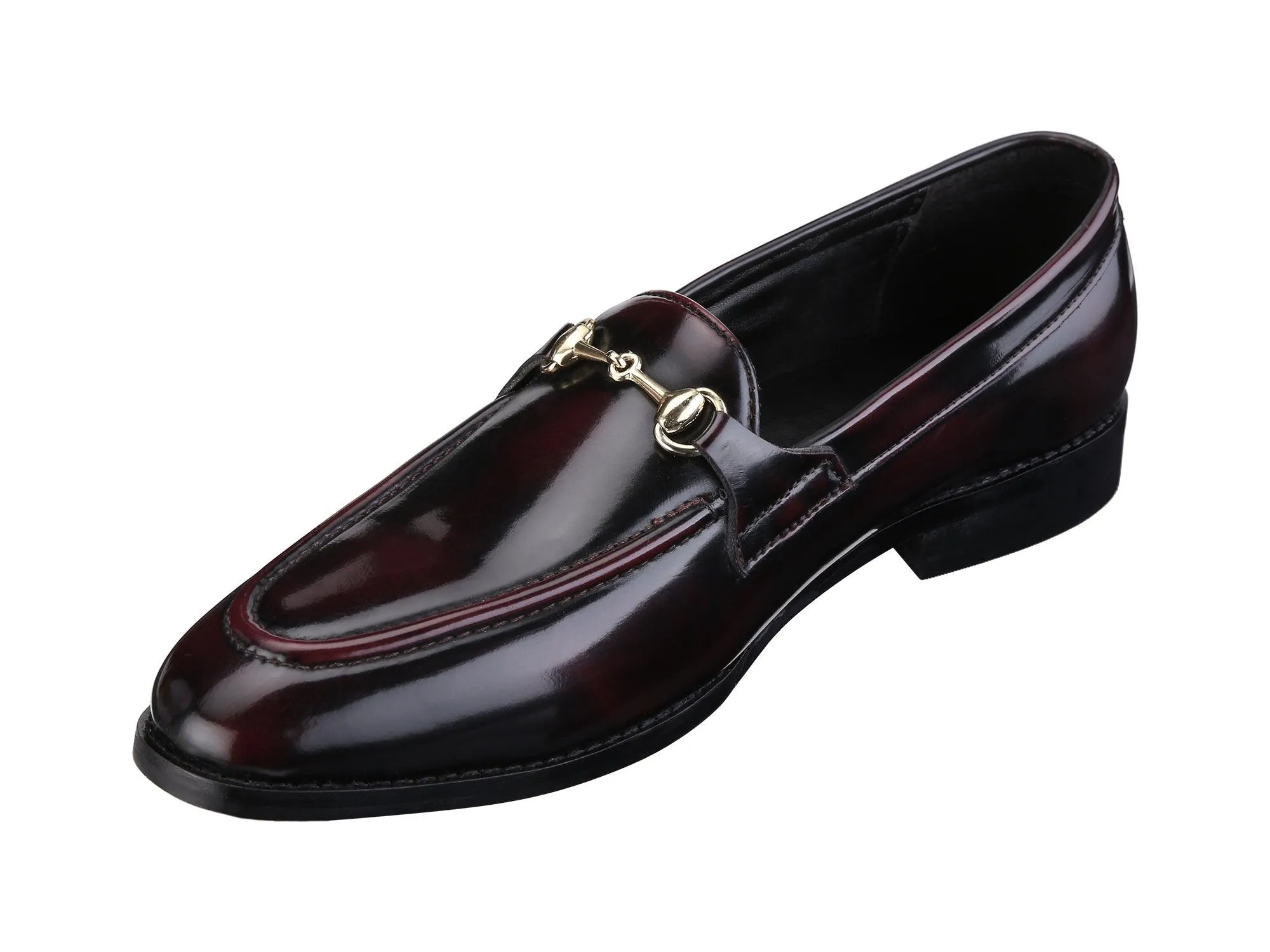 Henley Patent Cherry/Black Horsebit Buckle Loafers.