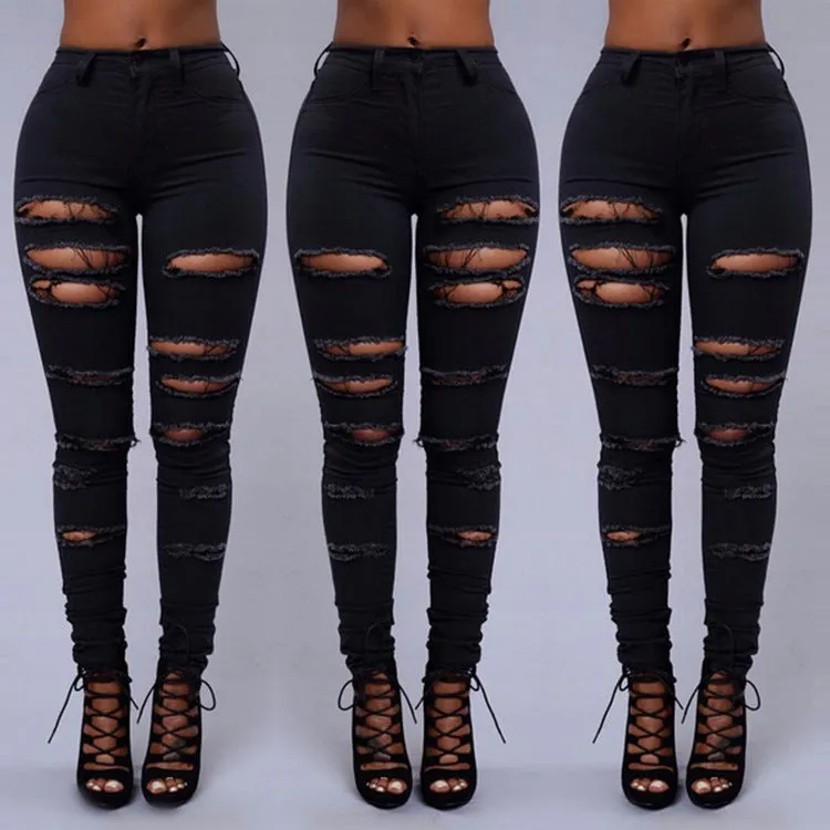 High Quality Women Casual Hole Jeans High Waist Skinny  Ripped Sexy - Women's Bottom