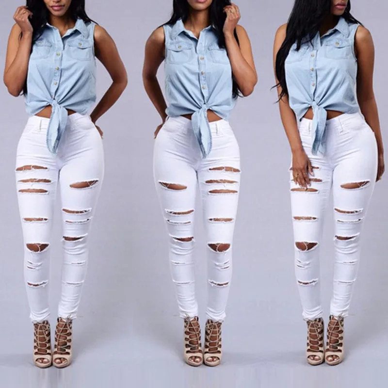 High Quality Women Casual Hole Jeans High Waist Skinny  Ripped Sexy - Women's Bottom