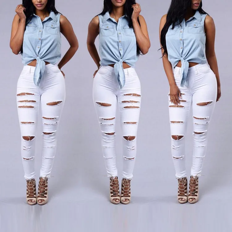 High Quality Women Casual Hole Jeans High Waist Skinny  Ripped Sexy - Women's Bottom