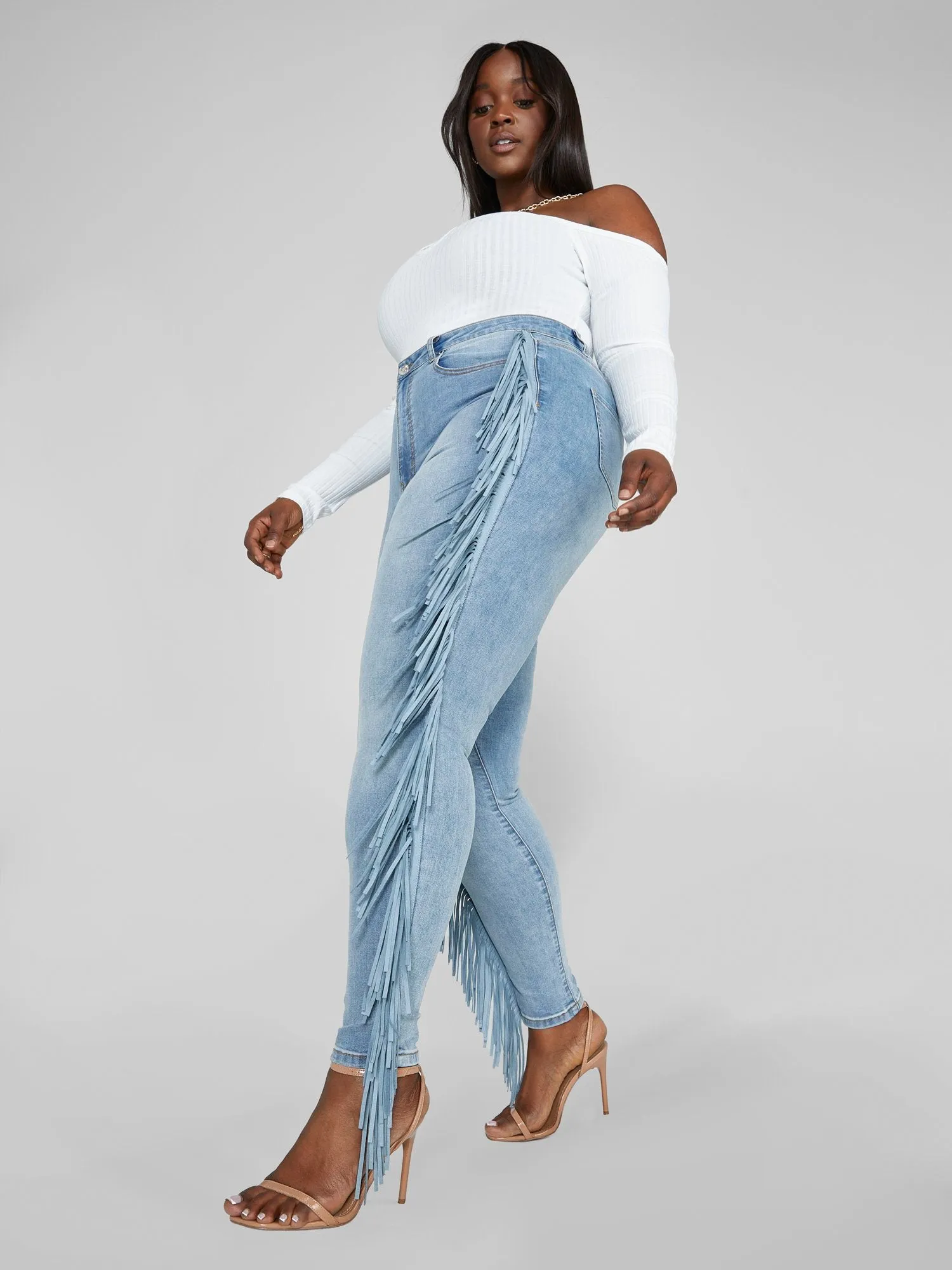 High Rise Side Fringe Skinny Jeans