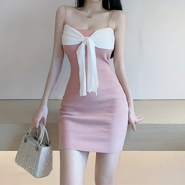 High Waist Bow Stretch Knit Sling Dress