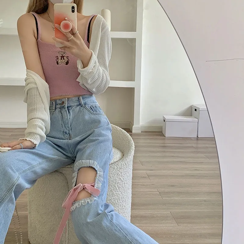 High Waist Pink Bow Ribbon White Lace Denim Pants Jeans