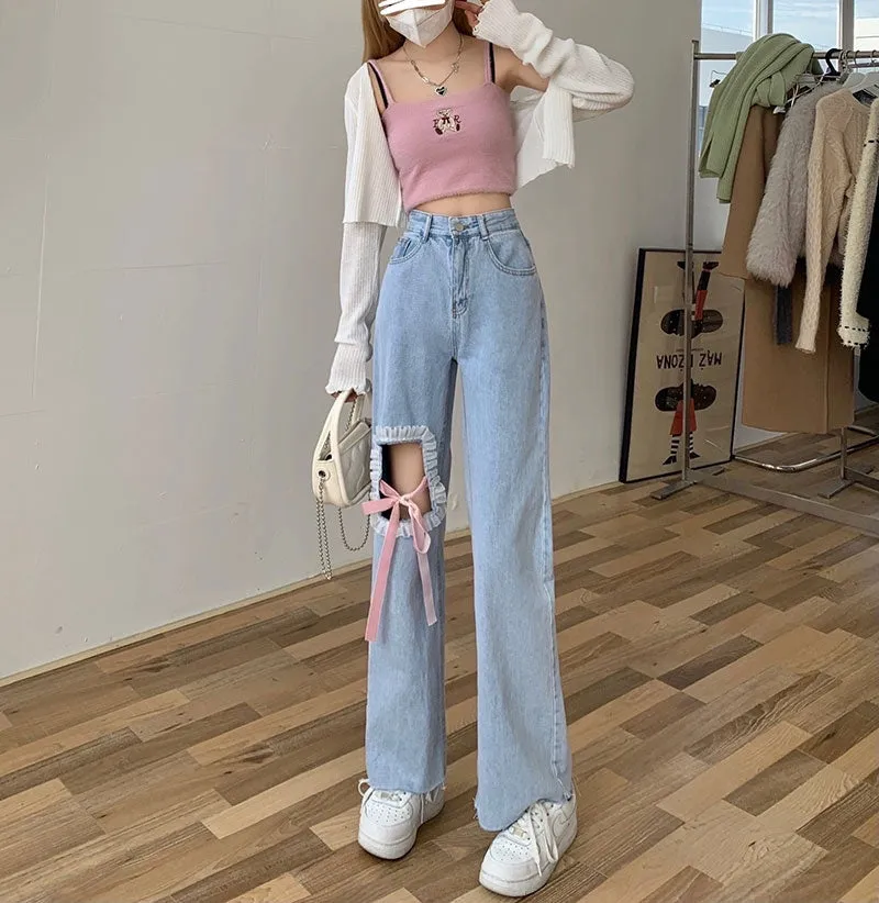 High Waist Pink Bow Ribbon White Lace Denim Pants Jeans