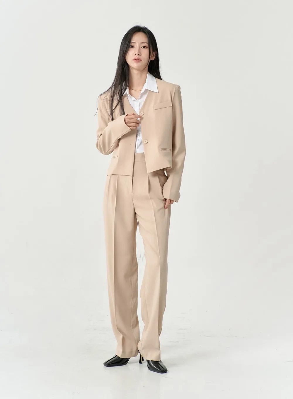 High Waist Pintuck Wide Leg Tailored Pants OS13