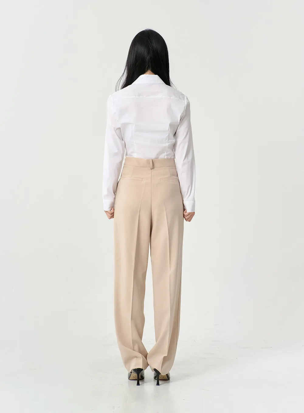 High Waist Pintuck Wide Leg Tailored Pants OS13