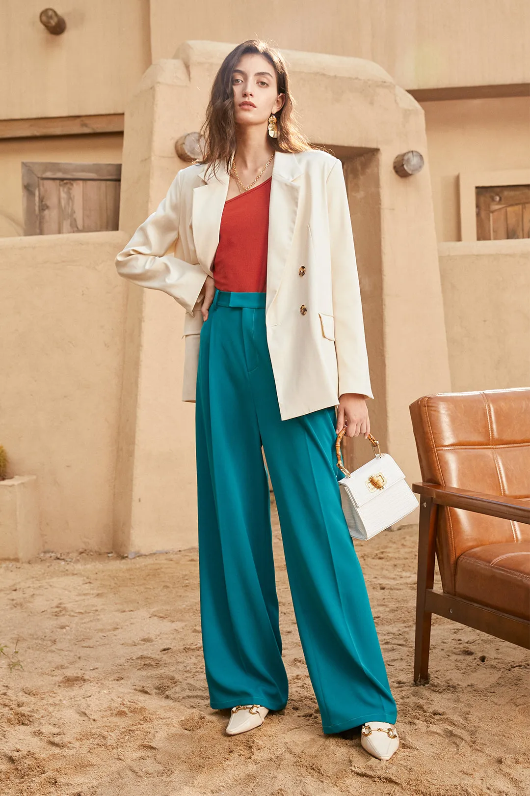 High waist slim trousers | Peacock blue trousers | Street trousers