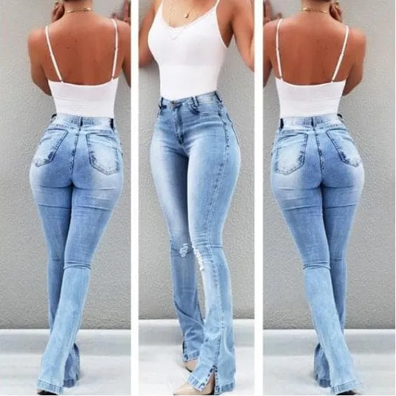 High Waist Split Side Hem Ripped Skinny Jeans