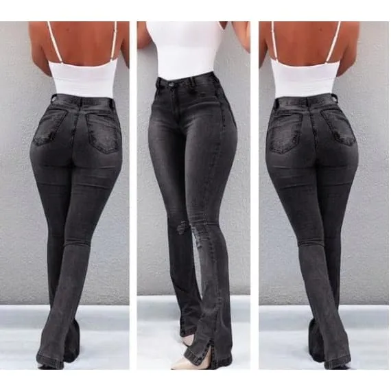 High Waist Split Side Hem Ripped Skinny Jeans