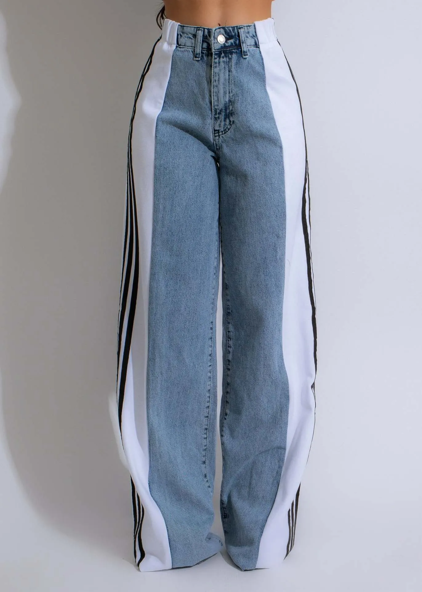 High Waist Straight Leg Side Stripe Stretch Denim Pants