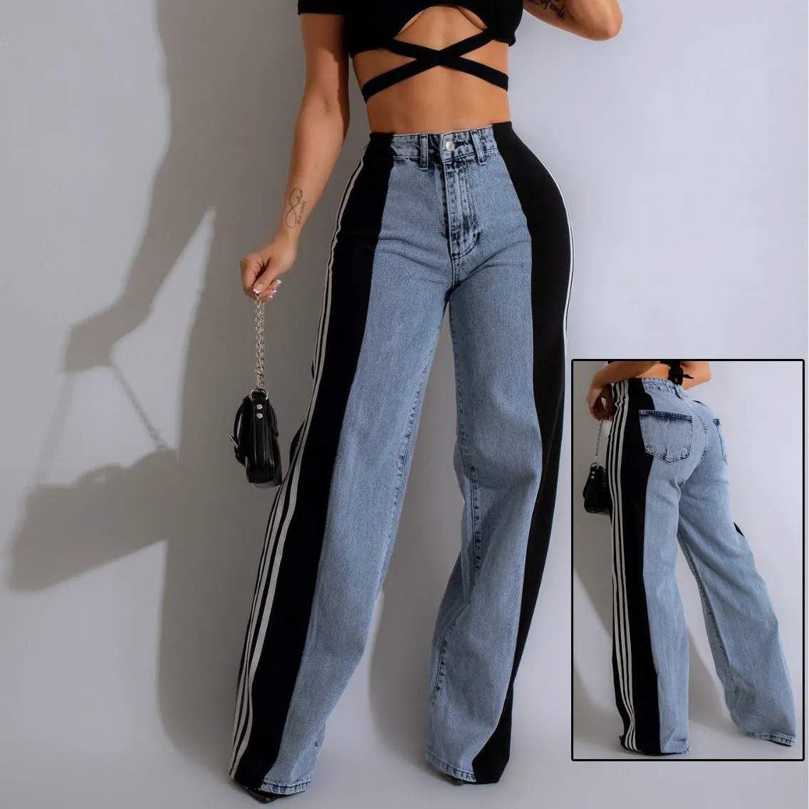 High Waist Straight Leg Side Stripe Stretch Denim Pants