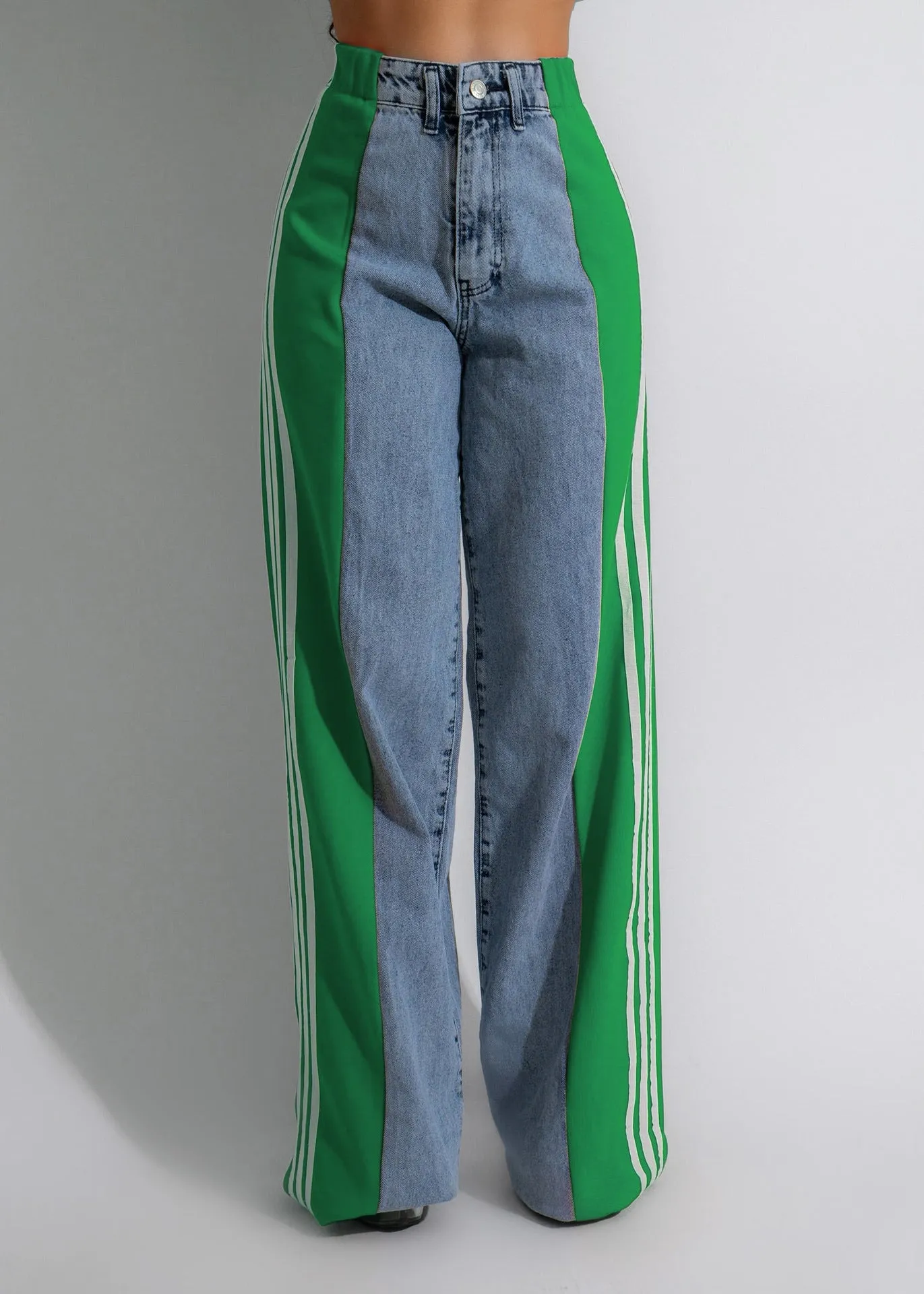 High Waist Straight Leg Side Stripe Stretch Denim Pants